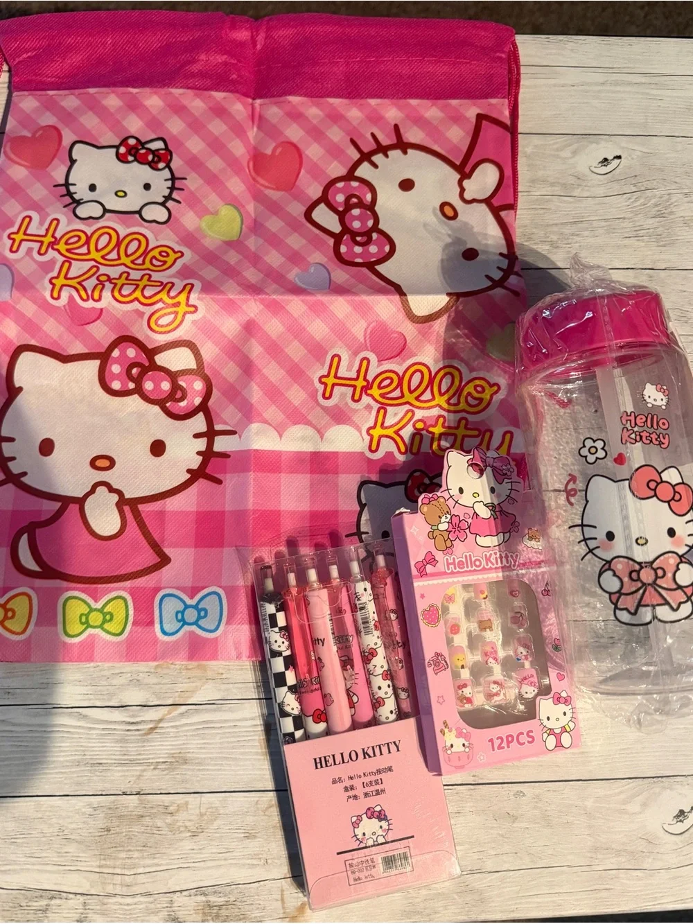 Hello Kitty Pink Accessory Bundle — Tote, Bottle, Pens & Stickers